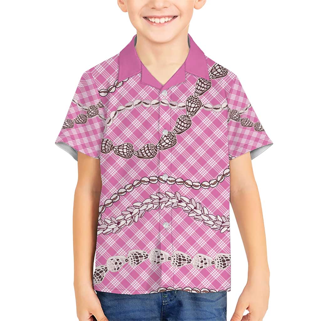 Pink Aloha Hawaii Shell Lei Family Matching Short Sleeve Bodycon Dress and Hawaiian Shirt Palaka Hebrew Cone Honey Cowrie Elegant Curves - Polynesian Pride