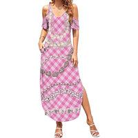 Pink Aloha Hawaii Shell Lei Family Matching Summer Maxi Dress and Hawaiian Shirt Palaka Hebrew Cone Honey Cowrie Elegant Curves - Polynesian Pride