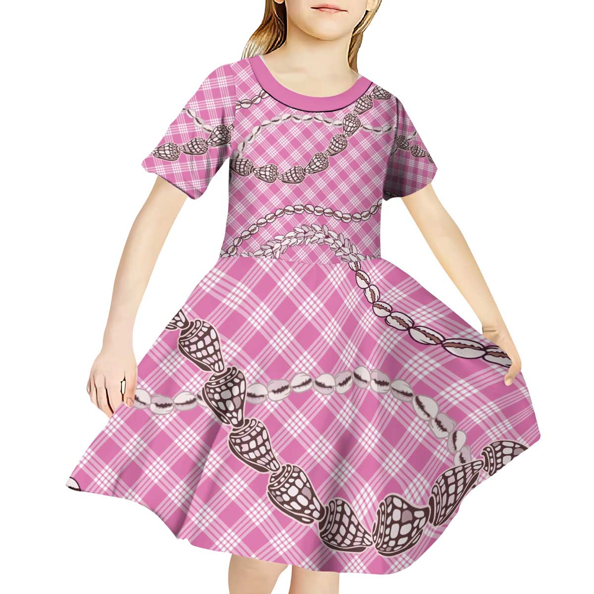 Pink Aloha Hawaii Shell Lei Kid Short Sleeve Dress Palaka Hebrew Cone Honey Cowrie Elegant Curves - Polynesian Pride