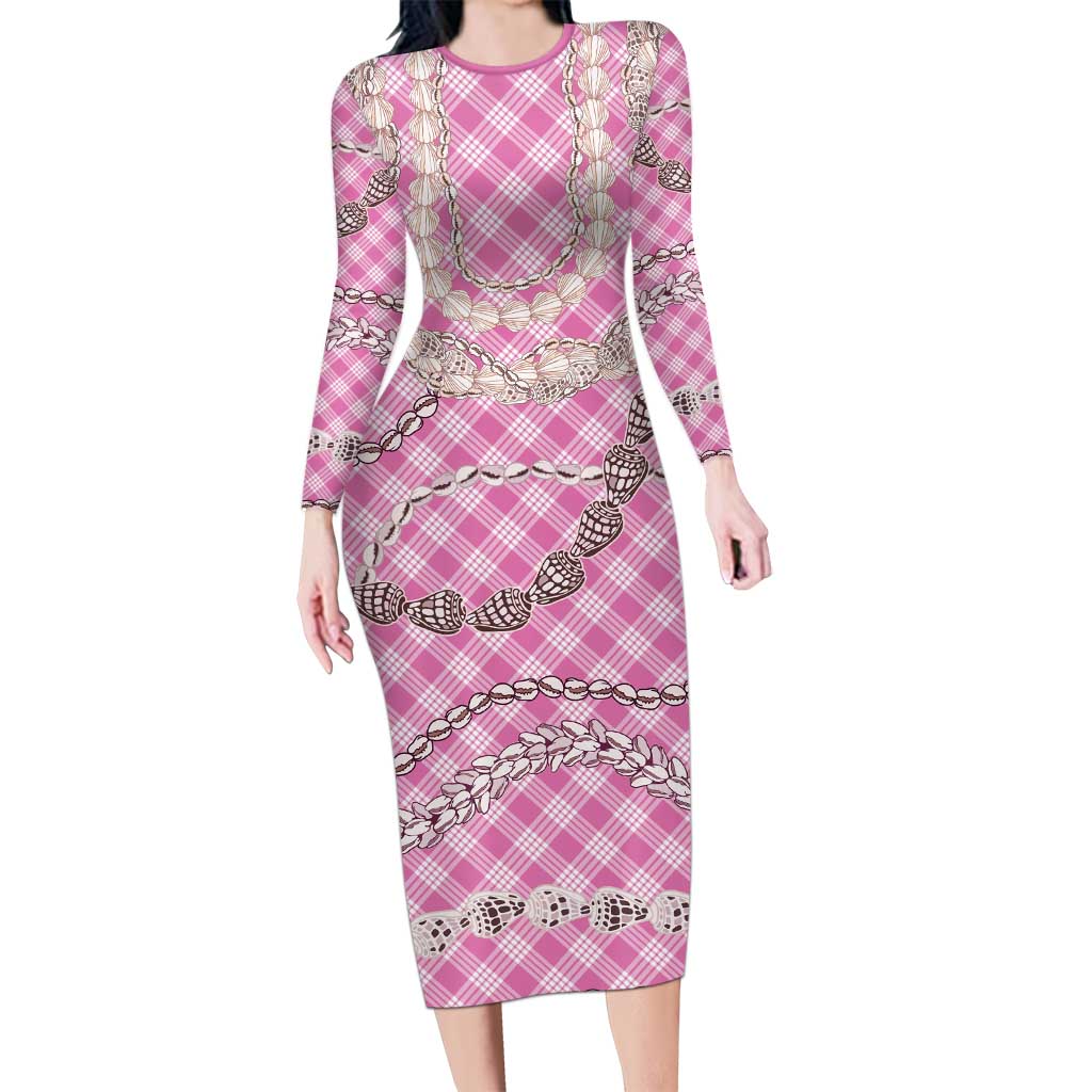 Pink Aloha Hawaii Shell Lei Long Sleeve Bodycon Dress Palaka Hebrew Cone Honey Cowrie Elegant Curves - Polynesian Pride