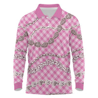 Pink Aloha Hawaii Shell Lei Long Sleeve Polo Shirt Palaka Hebrew Cone Honey Cowrie Elegant Curves - Polynesian Pride