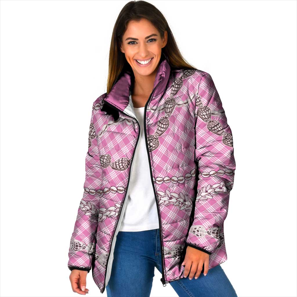 Pink Aloha Hawaii Shell Lei Padded Jacket Palaka Hebrew Cone Honey Cowrie Elegant Curves - Polynesian Pride
