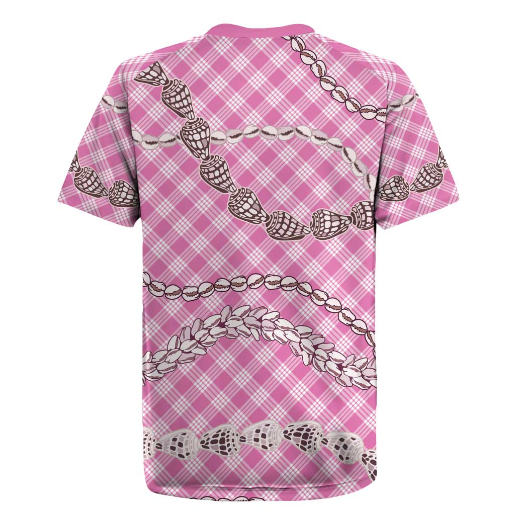 Pink Aloha Hawaii Shell Lei Rugby Jersey Palaka Hebrew Cone Honey Cowrie Elegant Curves - Polynesian Pride