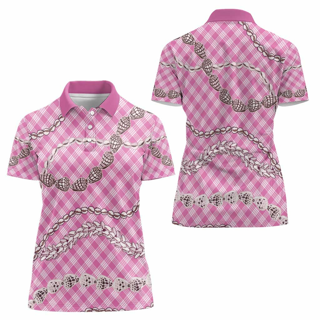 Pink Aloha Hawaii Shell Lei Women Polo Shirt Palaka Hebrew Cone Honey Cowrie Elegant Curves - Polynesian Pride