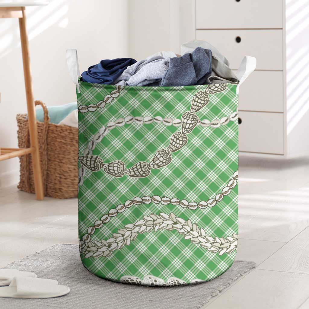 Green Aloha Hawaii Shell Lei Laundry Basket Palaka Hebrew Cone Honey Cowrie Elegant Curves LT14 Green - Polynesian Pride