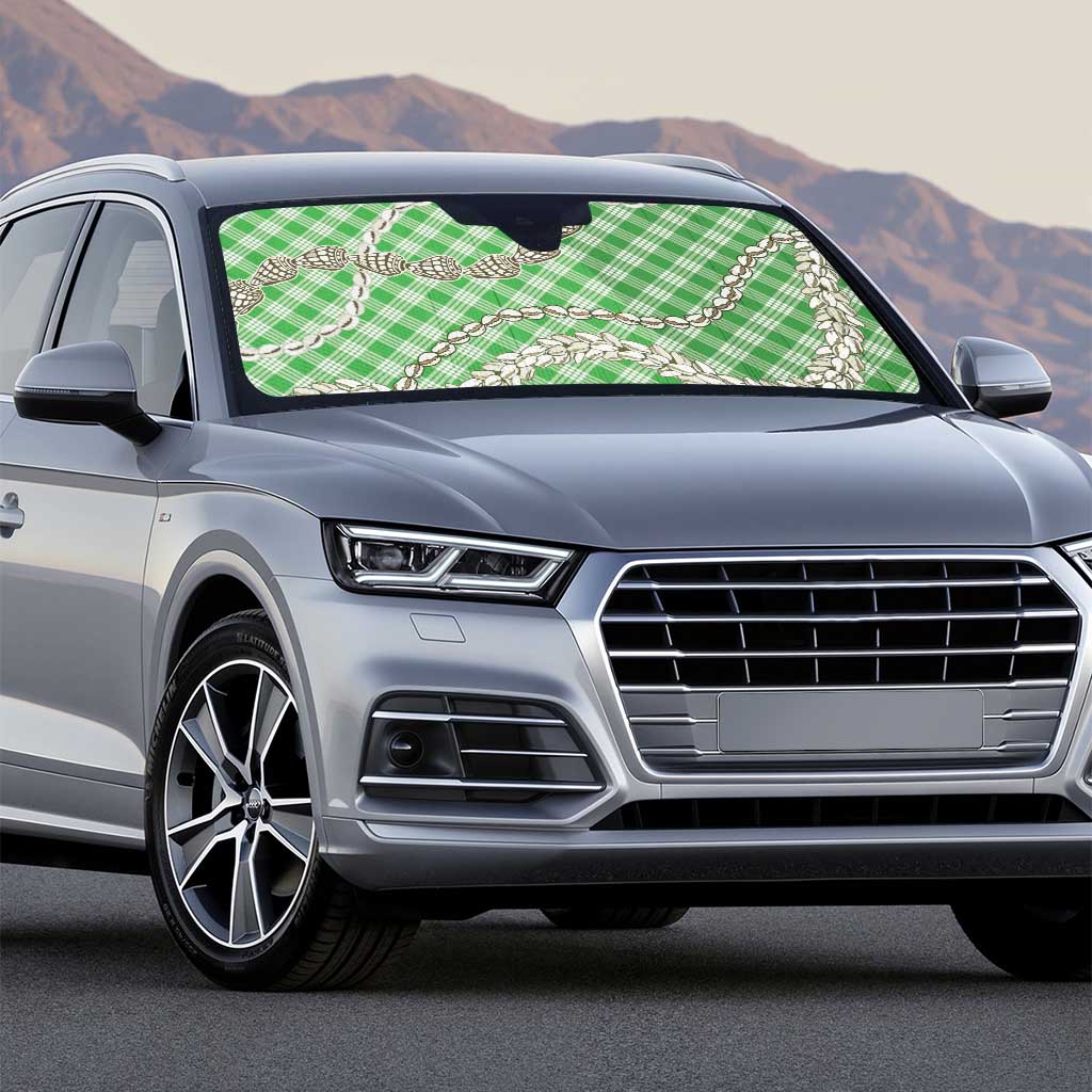 Green Aloha Hawaii Shell Lei Auto Sun Shade Palaka Hebrew Cone Honey Cowrie Elegant Curves - Polynesian Pride