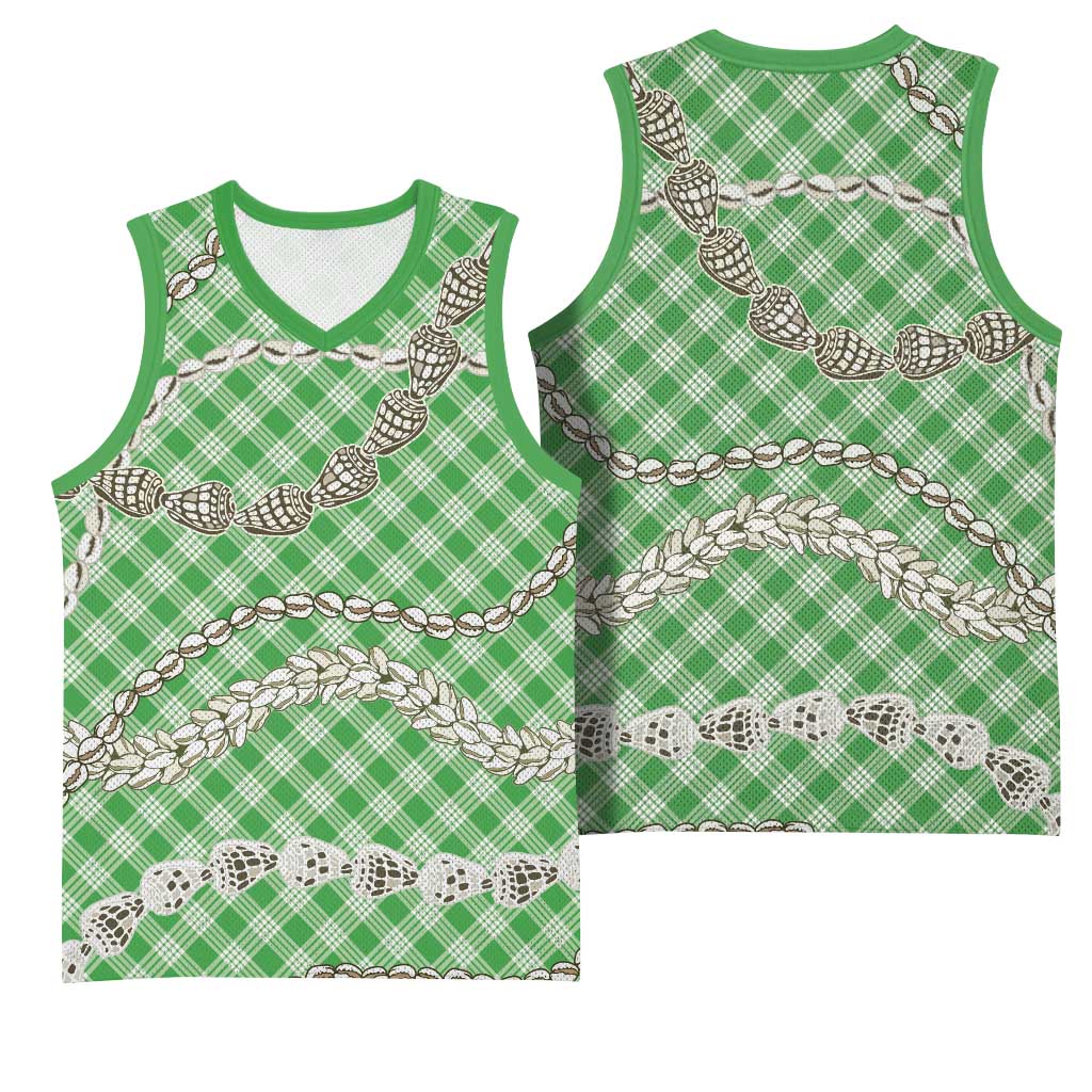 Green Aloha Hawaii Shell Lei Basketball Jersey Palaka Hebrew Cone Honey Cowrie Elegant Curves - Polynesian Pride