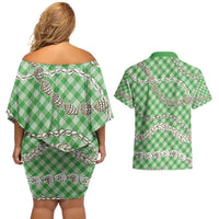 Green Aloha Hawaii Shell Lei Couples Matching Off Shoulder Short Dress and Hawaiian Shirt Palaka Hebrew Cone Honey Cowrie Elegant Curves - Polynesian Pride