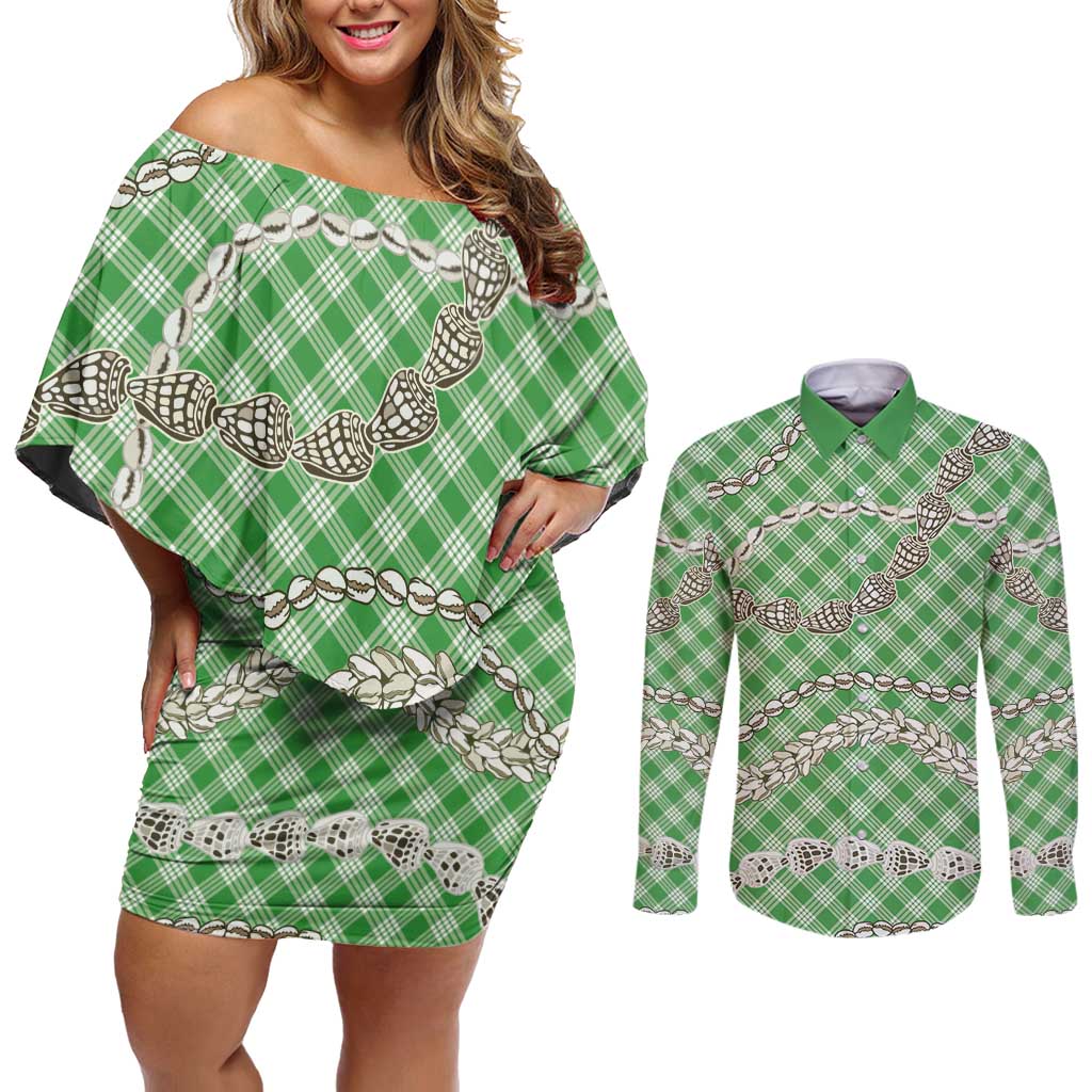 Green Aloha Hawaii Shell Lei Couples Matching Off Shoulder Short Dress and Long Sleeve Button Shirt Palaka Hebrew Cone Honey Cowrie Elegant Curves - Polynesian Pride