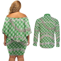 Green Aloha Hawaii Shell Lei Couples Matching Off Shoulder Short Dress and Long Sleeve Button Shirt Palaka Hebrew Cone Honey Cowrie Elegant Curves - Polynesian Pride