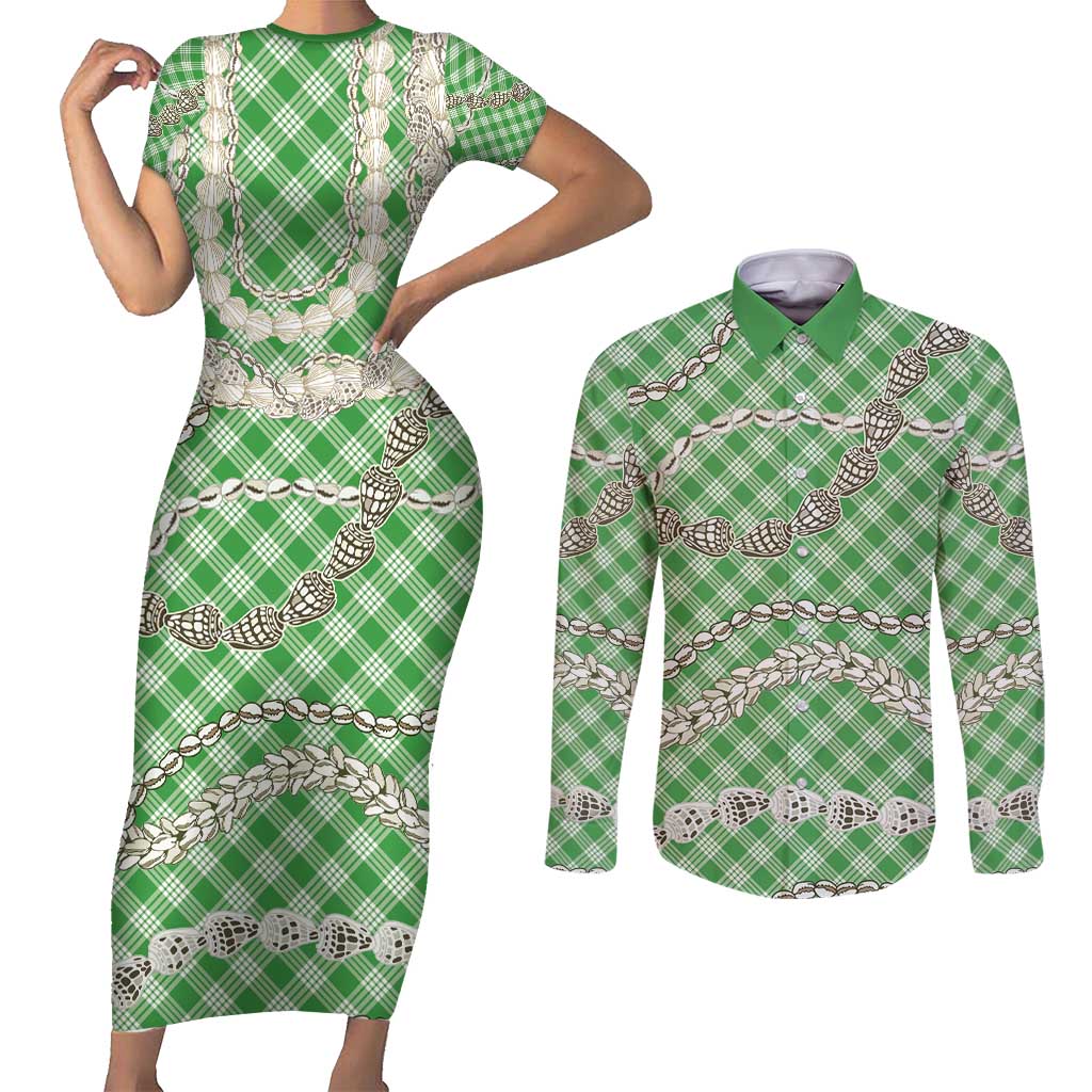 Green Aloha Hawaii Shell Lei Couples Matching Short Sleeve Bodycon Dress and Long Sleeve Button Shirt Palaka Hebrew Cone Honey Cowrie Elegant Curves - Polynesian Pride