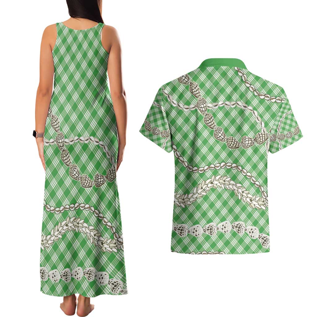 Green Aloha Hawaii Shell Lei Couples Matching Tank Maxi Dress and Hawaiian Shirt Palaka Hebrew Cone Honey Cowrie Elegant Curves - Polynesian Pride