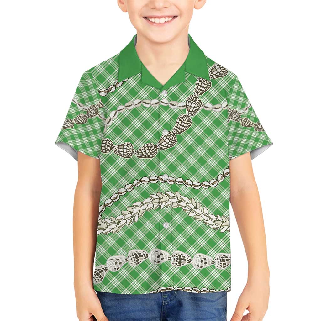 Green Aloha Hawaii Shell Lei Family Matching Long Sleeve Bodycon Dress and Hawaiian Shirt Palaka Hebrew Cone Honey Cowrie Elegant Curves - Polynesian Pride