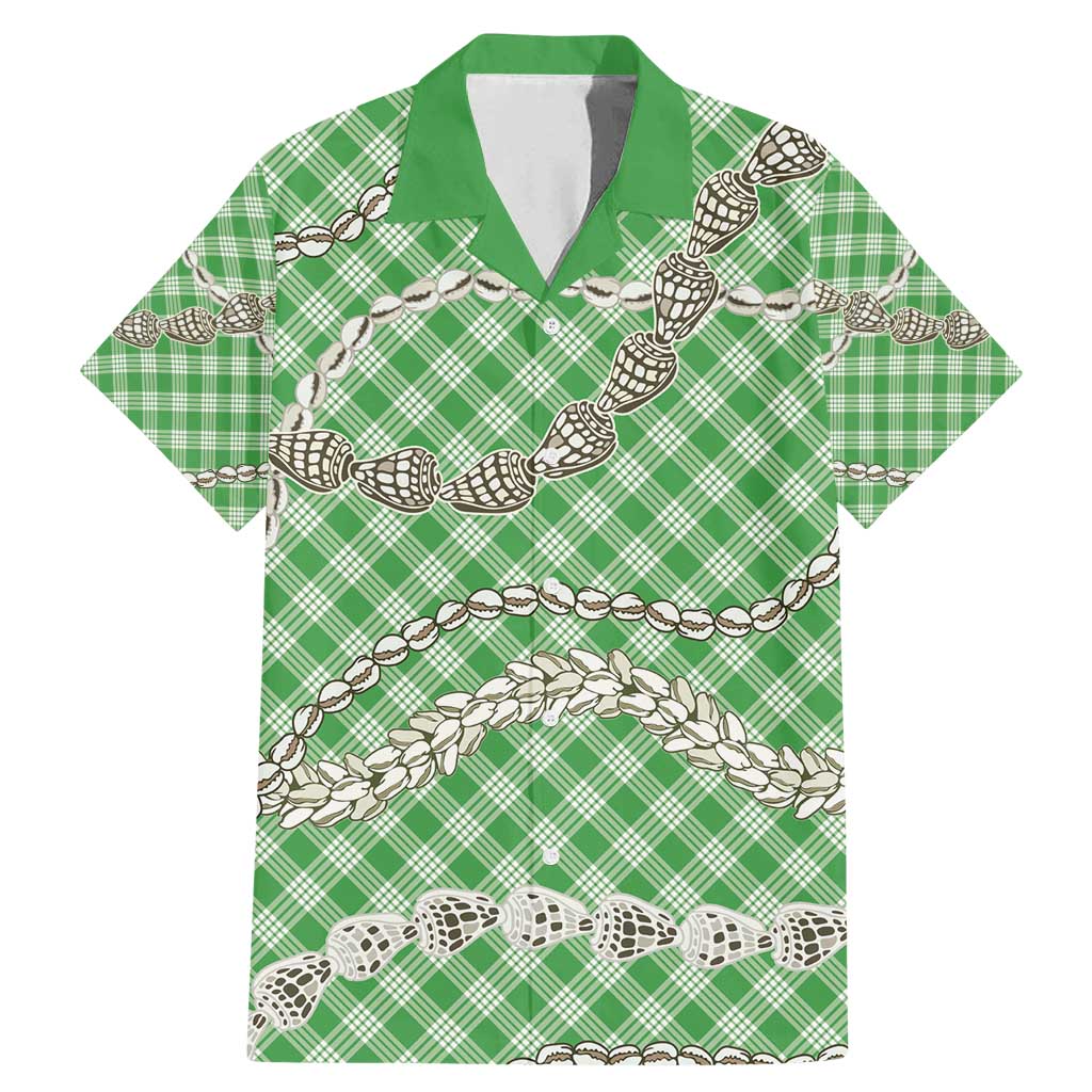 Green Aloha Hawaii Shell Lei Family Matching Mermaid Dress and Hawaiian Shirt Palaka Hebrew Cone Honey Cowrie Elegant Curves - Polynesian Pride