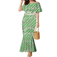 Green Aloha Hawaii Shell Lei Family Matching Mermaid Dress and Hawaiian Shirt Palaka Hebrew Cone Honey Cowrie Elegant Curves - Polynesian Pride