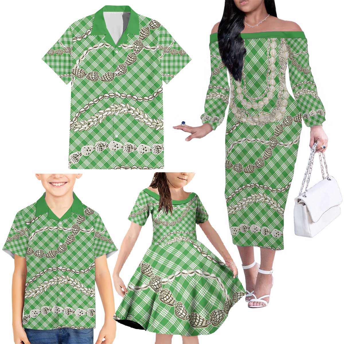 Green Aloha Hawaii Shell Lei Family Matching Off The Shoulder Long Sleeve Dress and Hawaiian Shirt Palaka Hebrew Cone Honey Cowrie Elegant Curves - Polynesian Pride