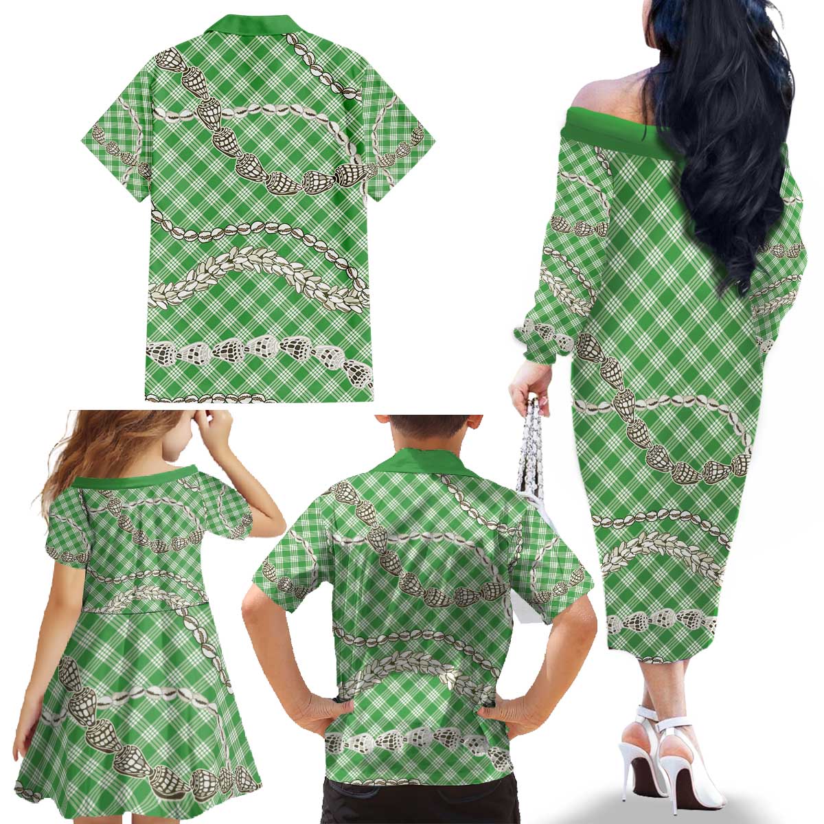 Green Aloha Hawaii Shell Lei Family Matching Off The Shoulder Long Sleeve Dress and Hawaiian Shirt Palaka Hebrew Cone Honey Cowrie Elegant Curves - Polynesian Pride