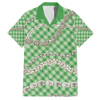 Green Aloha Hawaii Shell Lei Family Matching Off The Shoulder Long Sleeve Dress and Hawaiian Shirt Palaka Hebrew Cone Honey Cowrie Elegant Curves - Polynesian Pride