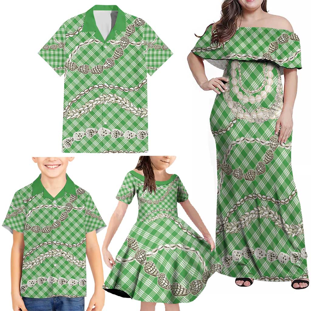 Green Aloha Hawaii Shell Lei Family Matching Off Shoulder Maxi Dress and Hawaiian Shirt Palaka Hebrew Cone Honey Cowrie Elegant Curves - Polynesian Pride