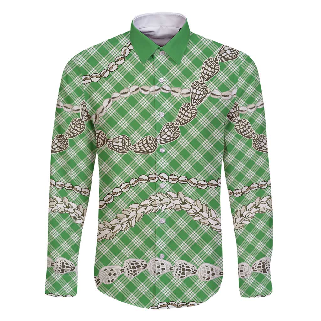 Green Aloha Hawaii Shell Lei Family Matching Off Shoulder Short Dress and Hawaiian Shirt Palaka Hebrew Cone Honey Cowrie Elegant Curves - Polynesian Pride