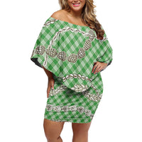 Green Aloha Hawaii Shell Lei Family Matching Off Shoulder Short Dress and Hawaiian Shirt Palaka Hebrew Cone Honey Cowrie Elegant Curves - Polynesian Pride