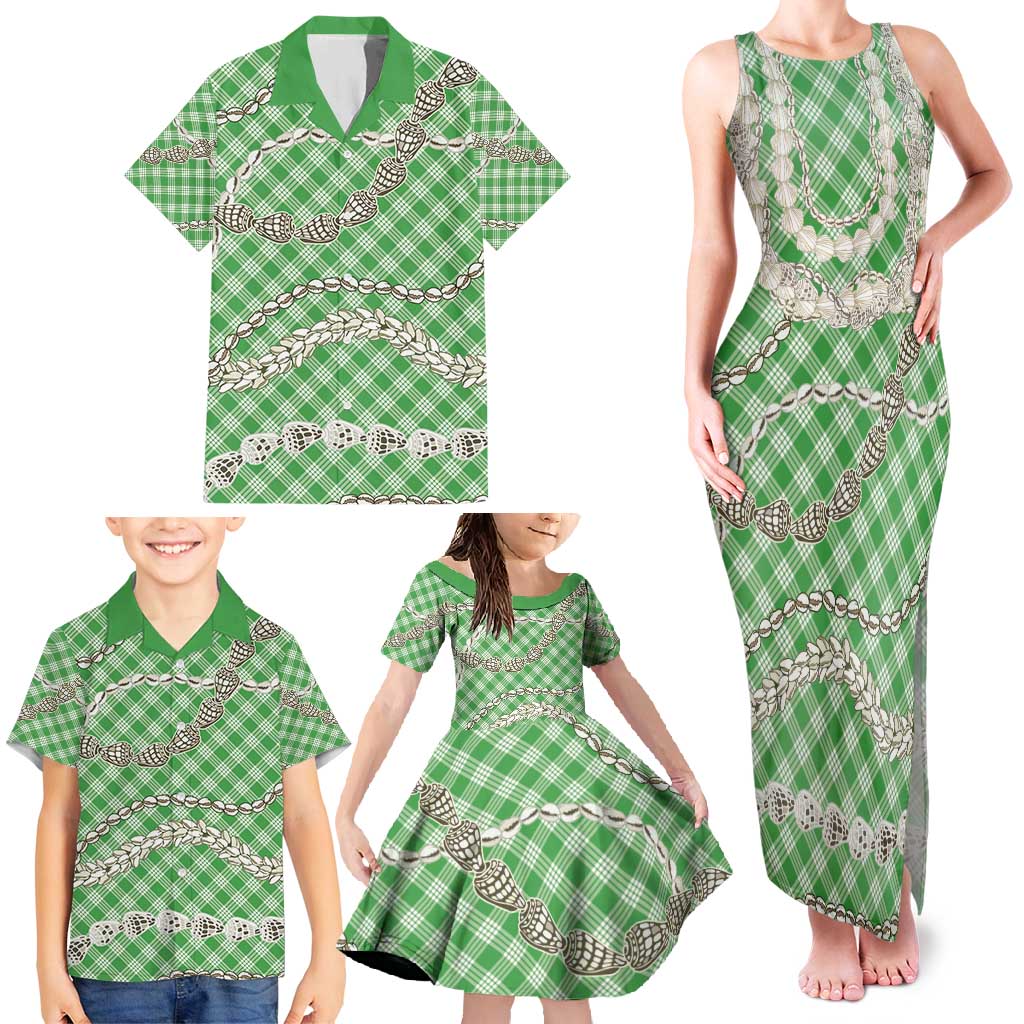Green Aloha Hawaii Shell Lei Family Matching Tank Maxi Dress and Hawaiian Shirt Palaka Hebrew Cone Honey Cowrie Elegant Curves - Polynesian Pride