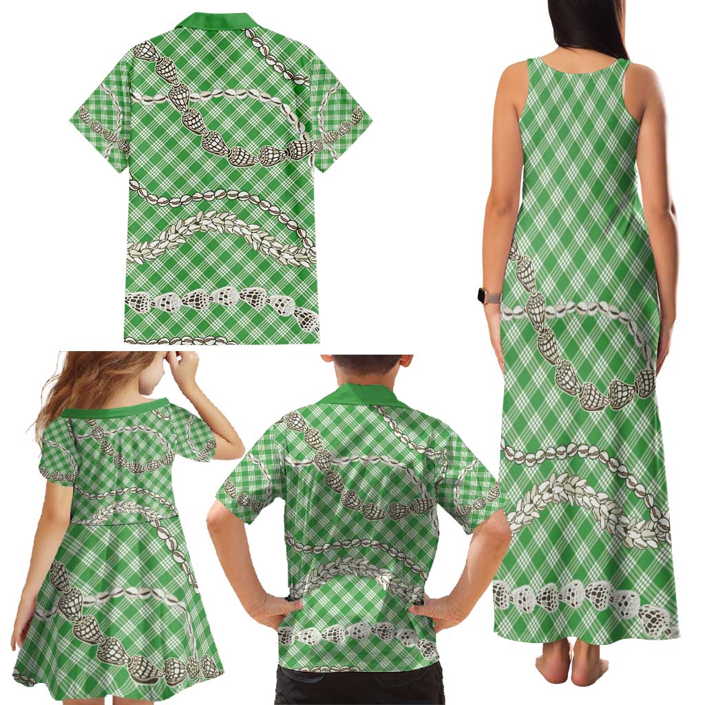 Green Aloha Hawaii Shell Lei Family Matching Tank Maxi Dress and Hawaiian Shirt Palaka Hebrew Cone Honey Cowrie Elegant Curves - Polynesian Pride