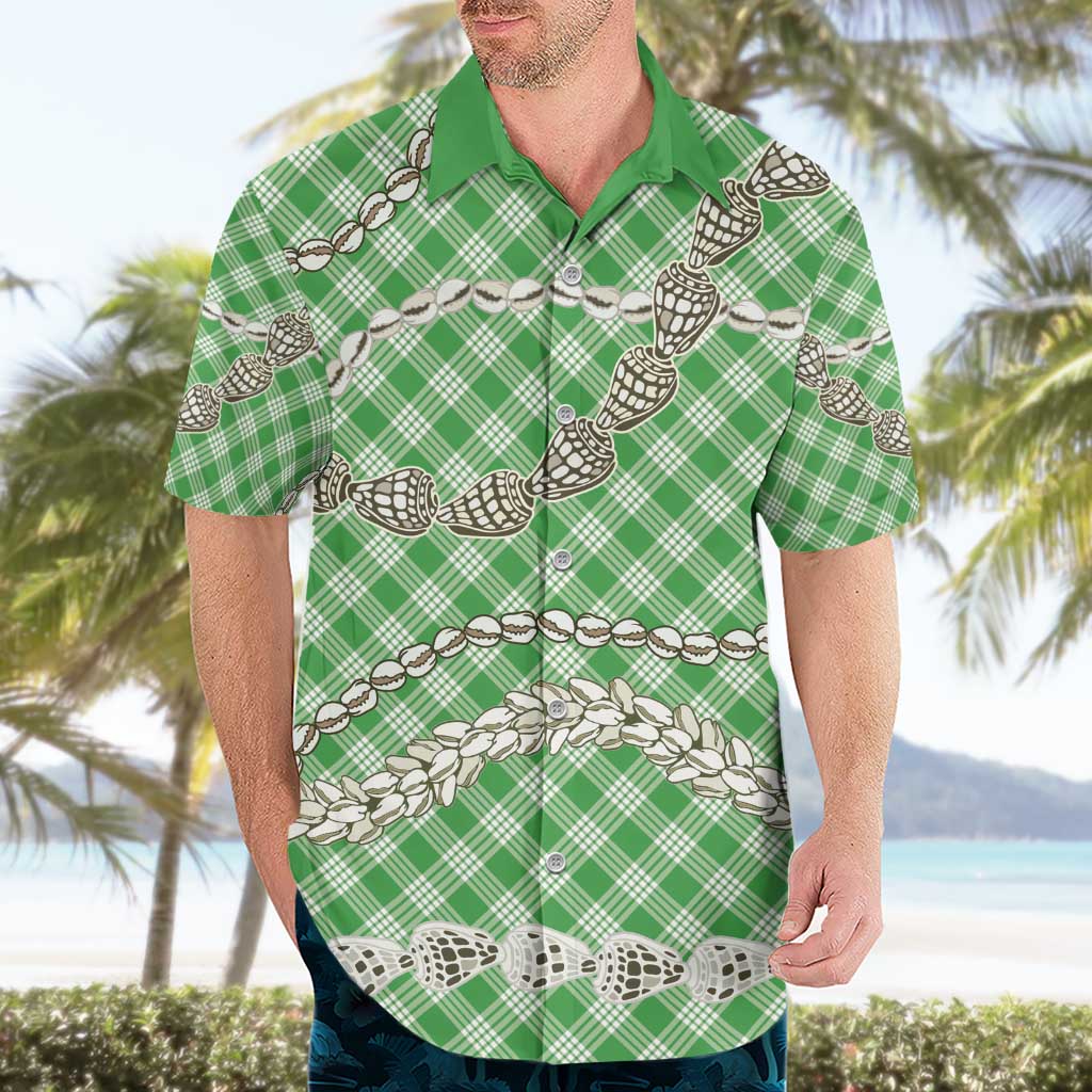 Green Aloha Hawaii Shell Lei Hawaiian Shirt Palaka Hebrew Cone Honey Cowrie Elegant Curves - Polynesian Pride