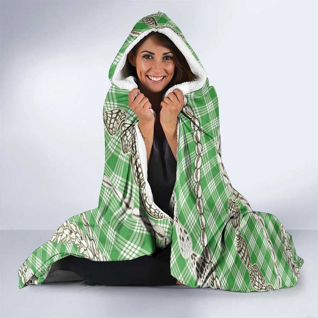 Green Aloha Hawaii Shell Lei Hooded Blanket Palaka Hebrew Cone Honey Cowrie Elegant Curves - Polynesian Pride