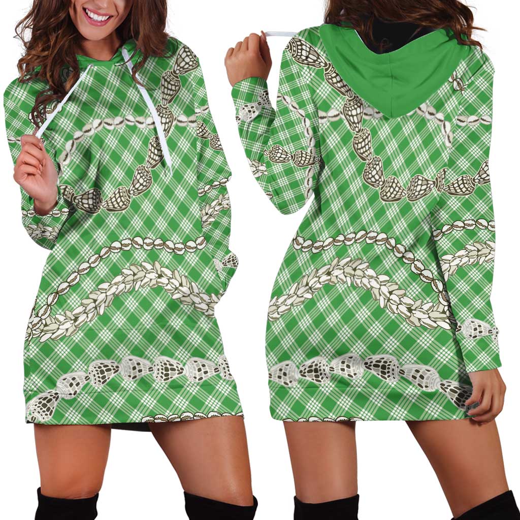 Green Aloha Hawaii Shell Lei Hoodie Dress Palaka Hebrew Cone Honey Cowrie Elegant Curves - Polynesian Pride