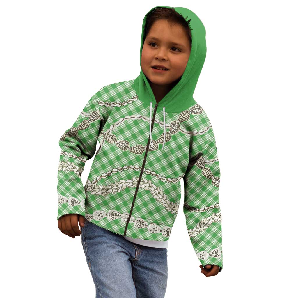 Green Aloha Hawaii Shell Lei Kid Hoodie Palaka Hebrew Cone Honey Cowrie Elegant Curves - Polynesian Pride