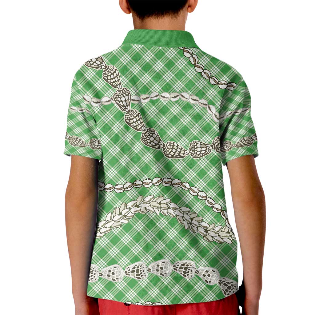 Green Aloha Hawaii Shell Lei Kid Polo Shirt Palaka Hebrew Cone Honey Cowrie Elegant Curves - Polynesian Pride