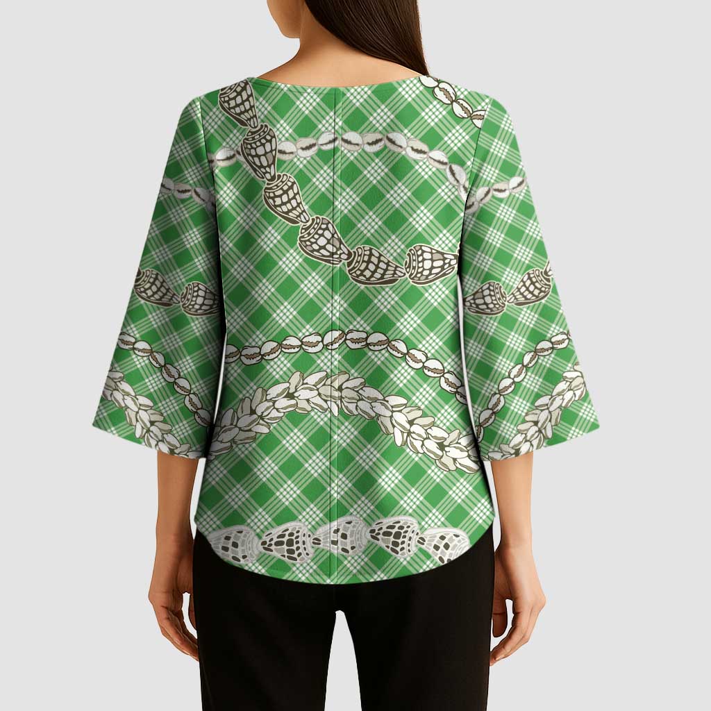 Green Aloha Hawaii Shell Lei Kimono Sleeve Blouse Palaka Hebrew Cone Honey Cowrie Elegant Curves - Polynesian Pride