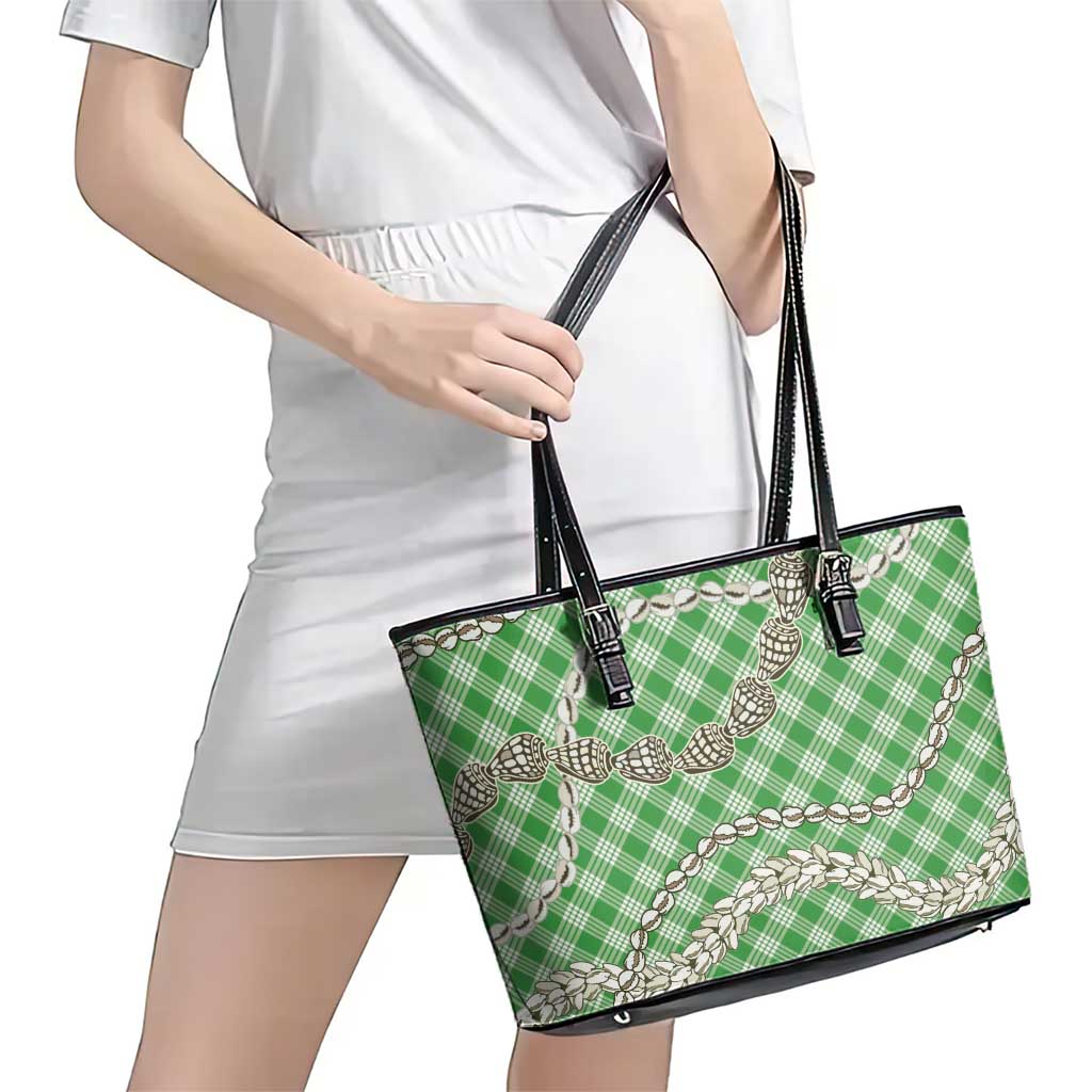 Green Aloha Hawaii Shell Lei Leather Tote Bag Palaka Hebrew Cone Honey Cowrie Elegant Curves - Polynesian Pride