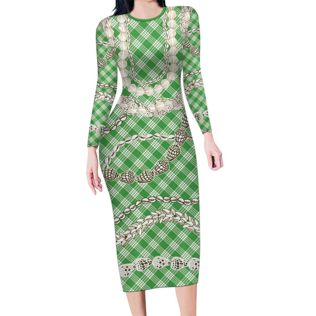Green Aloha Hawaii Shell Lei Long Sleeve Bodycon Dress Palaka Hebrew Cone Honey Cowrie Elegant Curves - Polynesian Pride