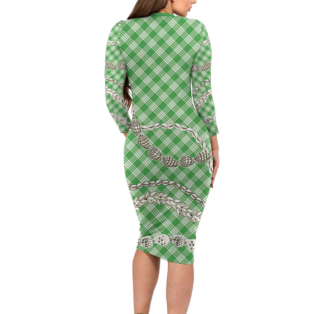 Green Aloha Hawaii Shell Lei Long Sleeve Bodycon Dress Palaka Hebrew Cone Honey Cowrie Elegant Curves - Polynesian Pride