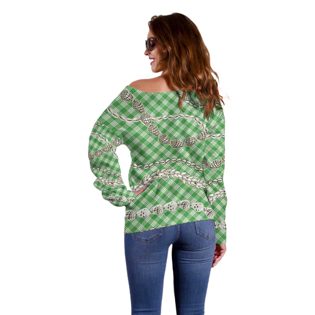 Green Aloha Hawaii Shell Lei Off Shoulder Sweater Palaka Hebrew Cone Honey Cowrie Elegant Curves - Polynesian Pride