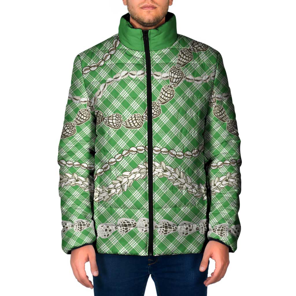 Green Aloha Hawaii Shell Lei Padded Jacket Palaka Hebrew Cone Honey Cowrie Elegant Curves - Polynesian Pride