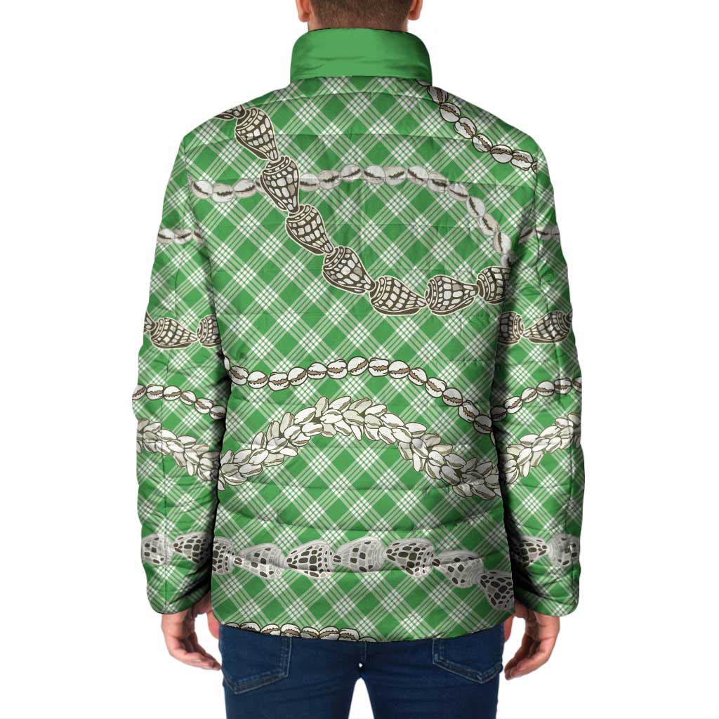 Green Aloha Hawaii Shell Lei Padded Jacket Palaka Hebrew Cone Honey Cowrie Elegant Curves - Polynesian Pride