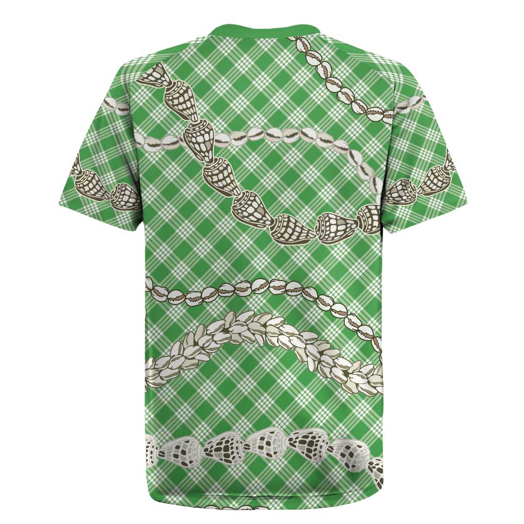 Green Aloha Hawaii Shell Lei Rugby Jersey Palaka Hebrew Cone Honey Cowrie Elegant Curves - Polynesian Pride