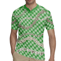 Green Aloha Hawaii Shell Lei Rugby Jersey Palaka Hebrew Cone Honey Cowrie Elegant Curves - Polynesian Pride