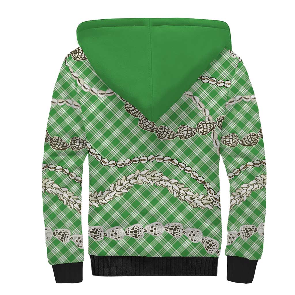 Green Aloha Hawaii Shell Lei Sherpa Hoodie Palaka Hebrew Cone Honey Cowrie Elegant Curves - Polynesian Pride