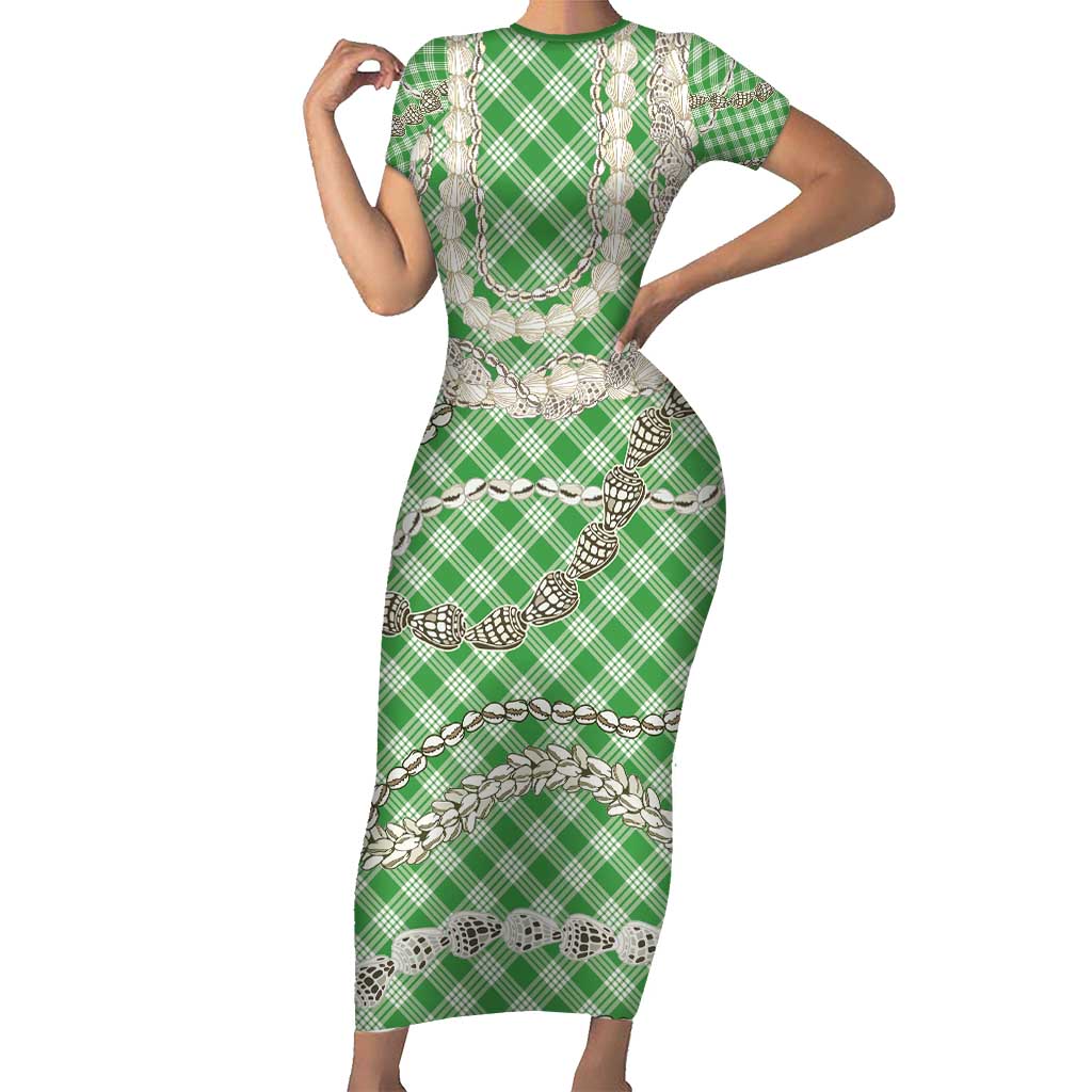 Green Aloha Hawaii Shell Lei Short Sleeve Bodycon Dress Palaka Hebrew Cone Honey Cowrie Elegant Curves - Polynesian Pride
