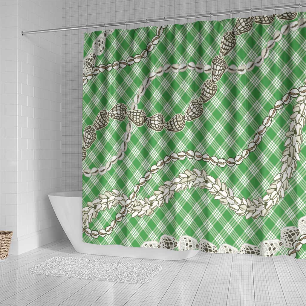 Green Aloha Hawaii Shell Lei Shower Curtain Palaka Hebrew Cone Honey Cowrie Elegant Curves - Polynesian Pride