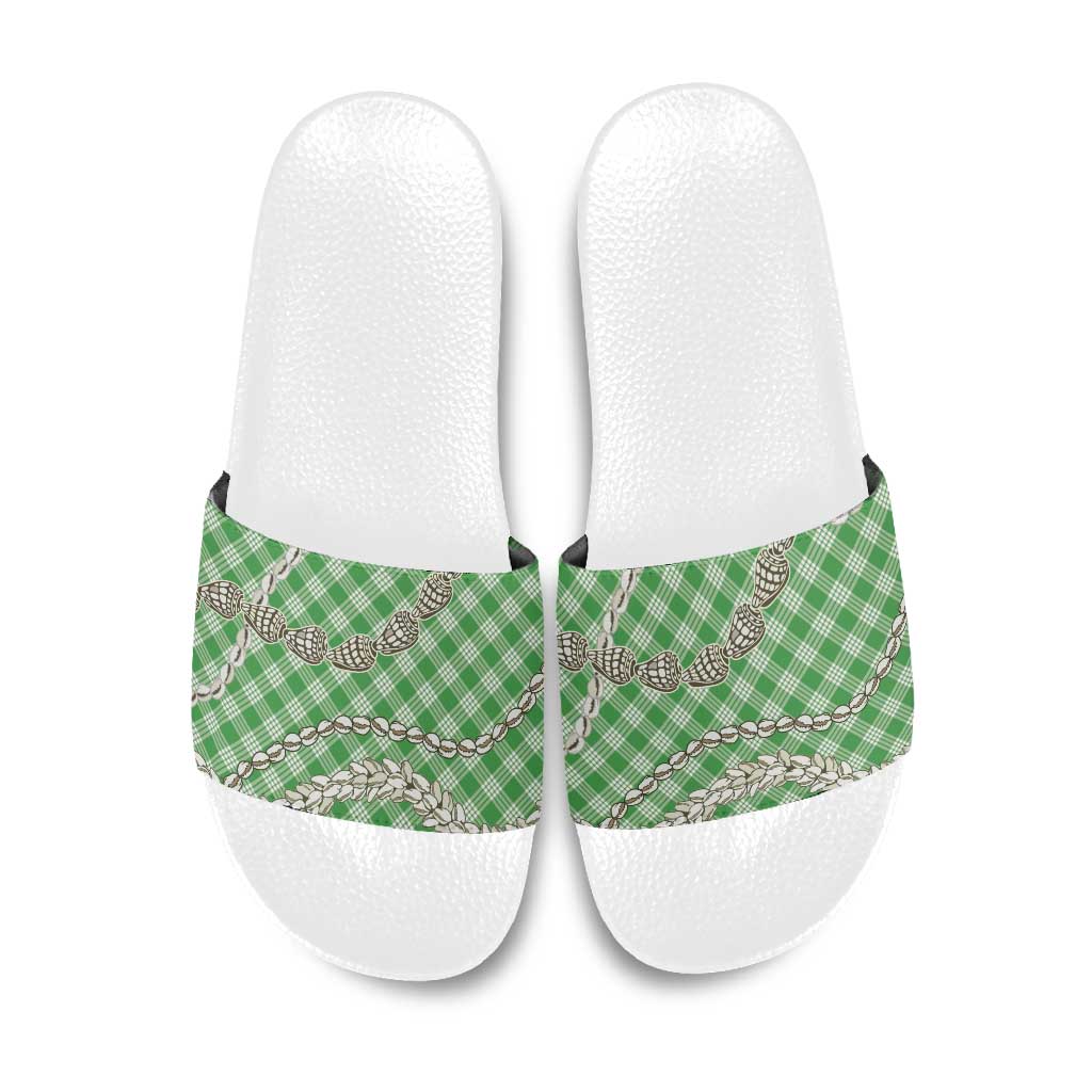 Green Aloha Hawaii Shell Lei Slide Sandals Palaka Hebrew Cone Honey Cowrie Elegant Curves - Polynesian Pride