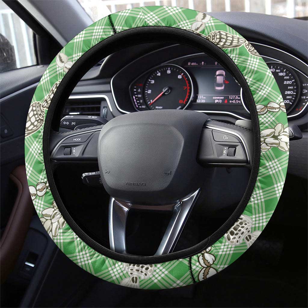 Green Aloha Hawaii Shell Lei Steering Wheel Cover Palaka Hebrew Cone Honey Cowrie Elegant Curves - Polynesian Pride
