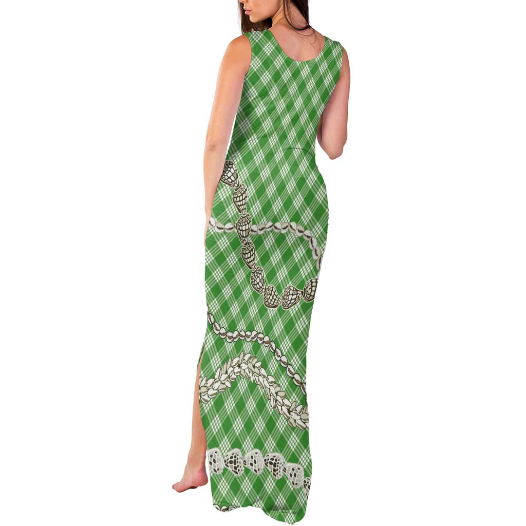 Green Aloha Hawaii Shell Lei Tank Maxi Dress Palaka Hebrew Cone Honey Cowrie Elegant Curves - Polynesian Pride