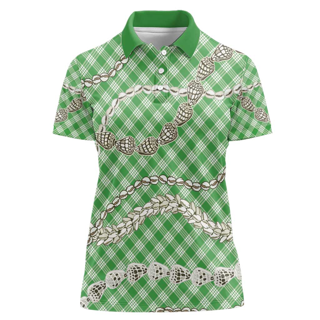 Green Aloha Hawaii Shell Lei Women Polo Shirt Palaka Hebrew Cone Honey Cowrie Elegant Curves - Polynesian Pride