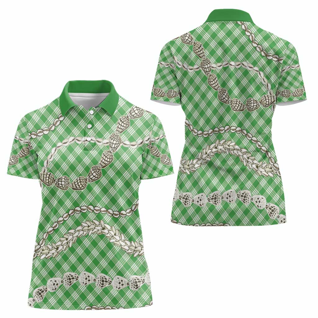Green Aloha Hawaii Shell Lei Women Polo Shirt Palaka Hebrew Cone Honey Cowrie Elegant Curves - Polynesian Pride