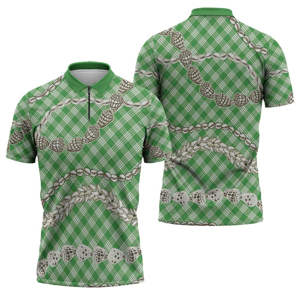 Green Aloha Hawaii Shell Lei Zipper Polo Shirt Palaka Hebrew Cone Honey Cowrie Elegant Curves - Polynesian Pride
